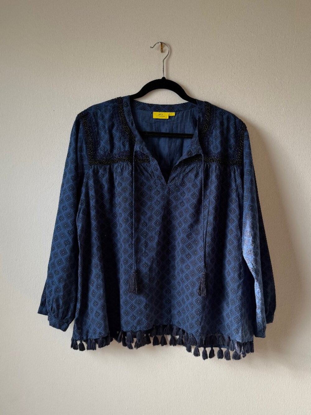 Roller Rabbit Navy Cotton Silk Blend Tassel Hem Beaded Peasant Blouse Women's XL